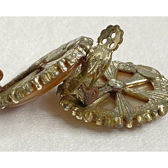 Signed Earrings Large Amber Stone Button Clip On - Picture 8 of 10